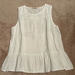 Women’s White Eyelet Yoke Linen Peplum Tank Top
